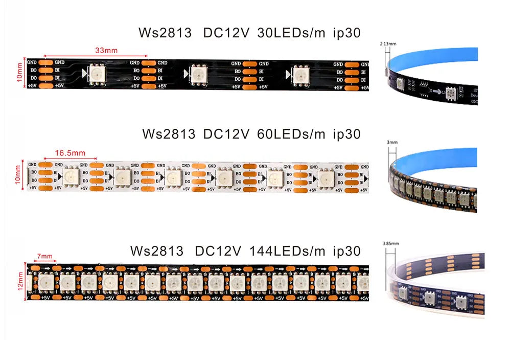 WS2811 WS2812B WS2815 WS2813 RGB IC LED Strip Lights 30/60/144 pixels per meter individually addressable smart lights DC5V/12V