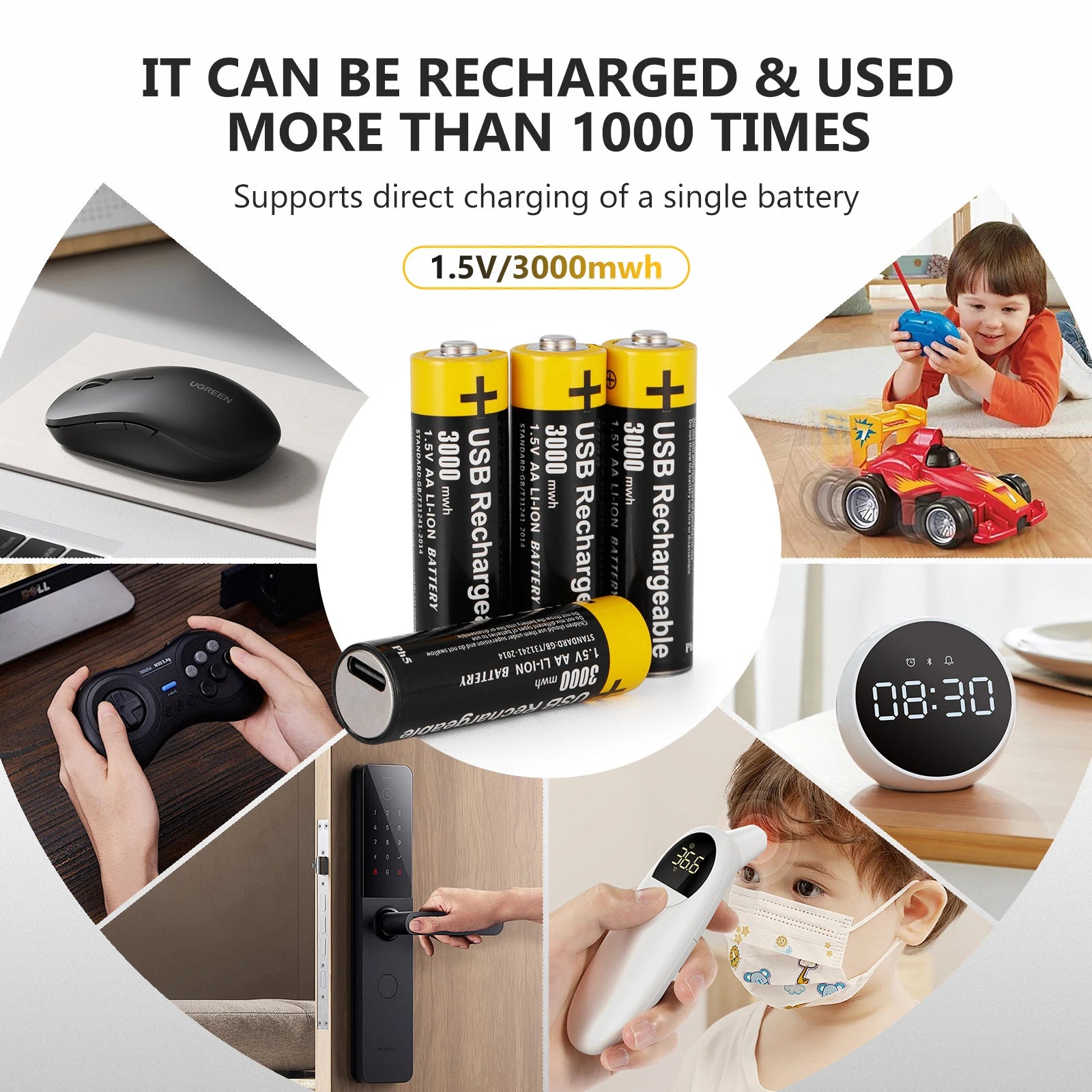 VOLTCORE 1.5V AA Rechargeable Batteries Cylinder Li-ion Batteries and Intelligent Charger with Charging Indicator