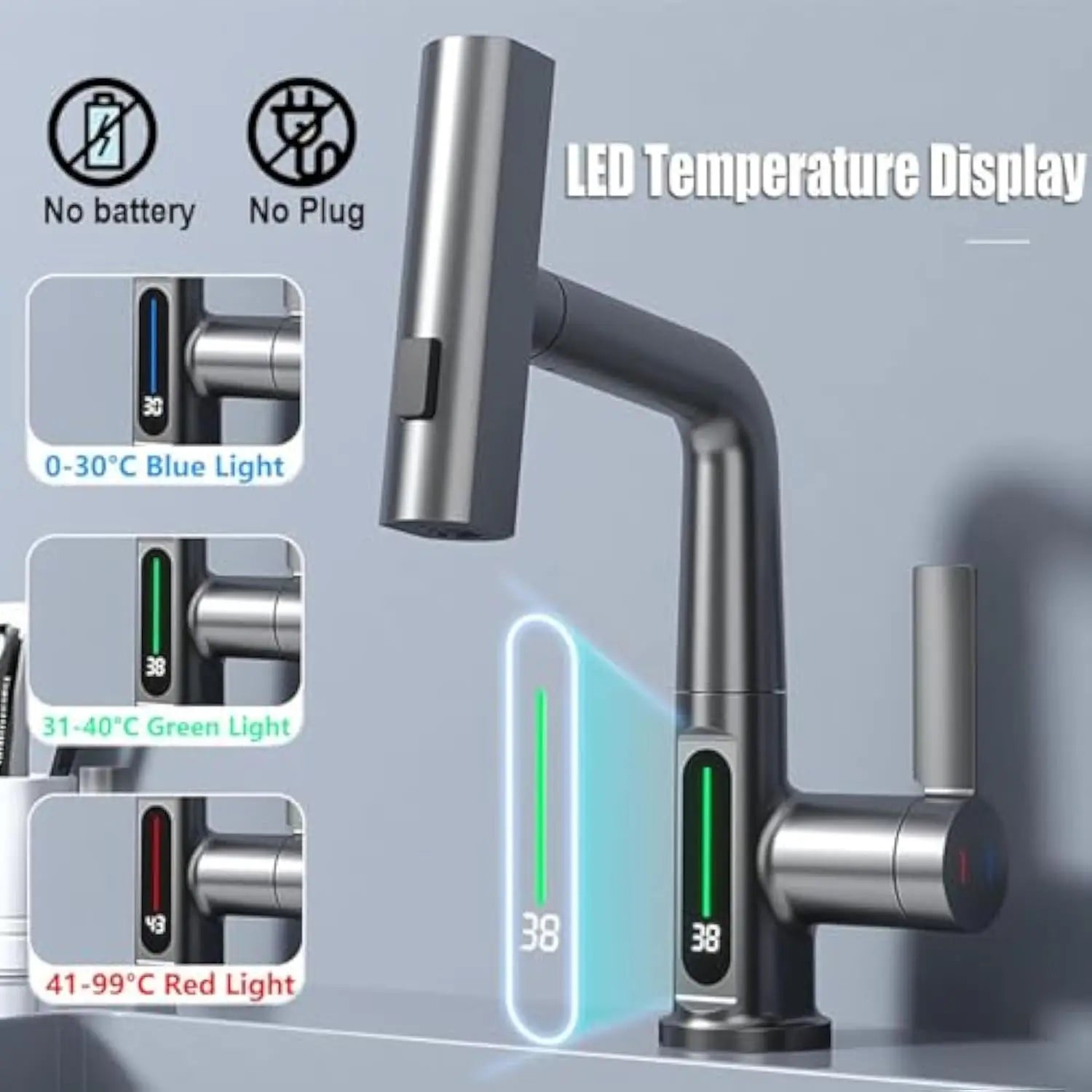 Synchro Modern Bathroom Sink Faucet with LED Temperature Display, 360° Rotation, Waterfall Spout & Pull-Out Sprayer (Hot/Cold)