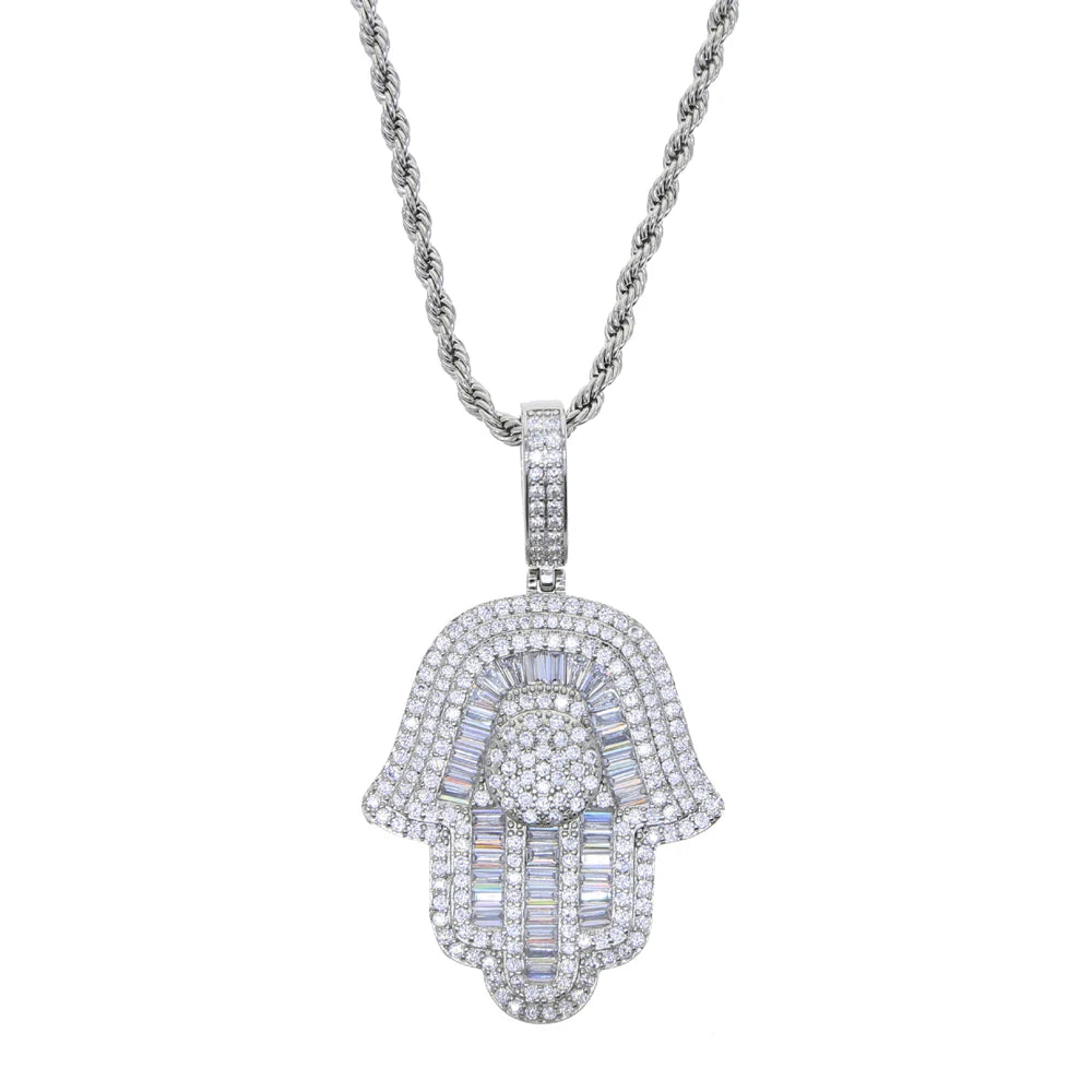 Hamsa Hand Pendant Collection Micro Pave 5a Cz Hip Hop Men Bling Lucky Turkish Jewelry Necklace