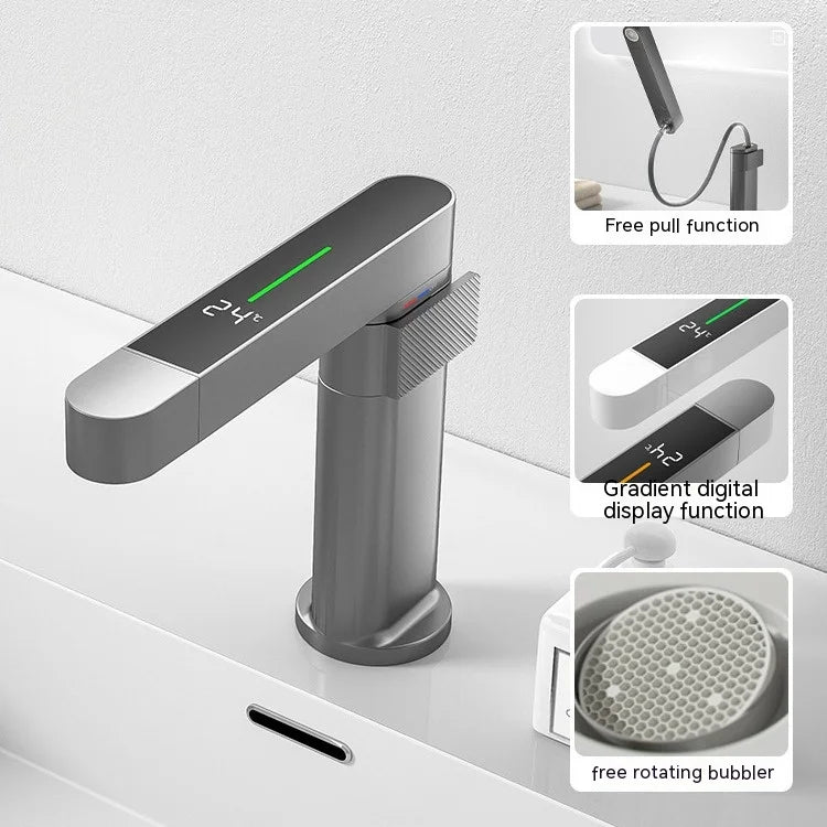 Mixer Gun Brass Basin Taps Faucet Spray Hot Cold Bathroom Basin Face Faucets Grey Modern Smart Digital Display Pull Out Down