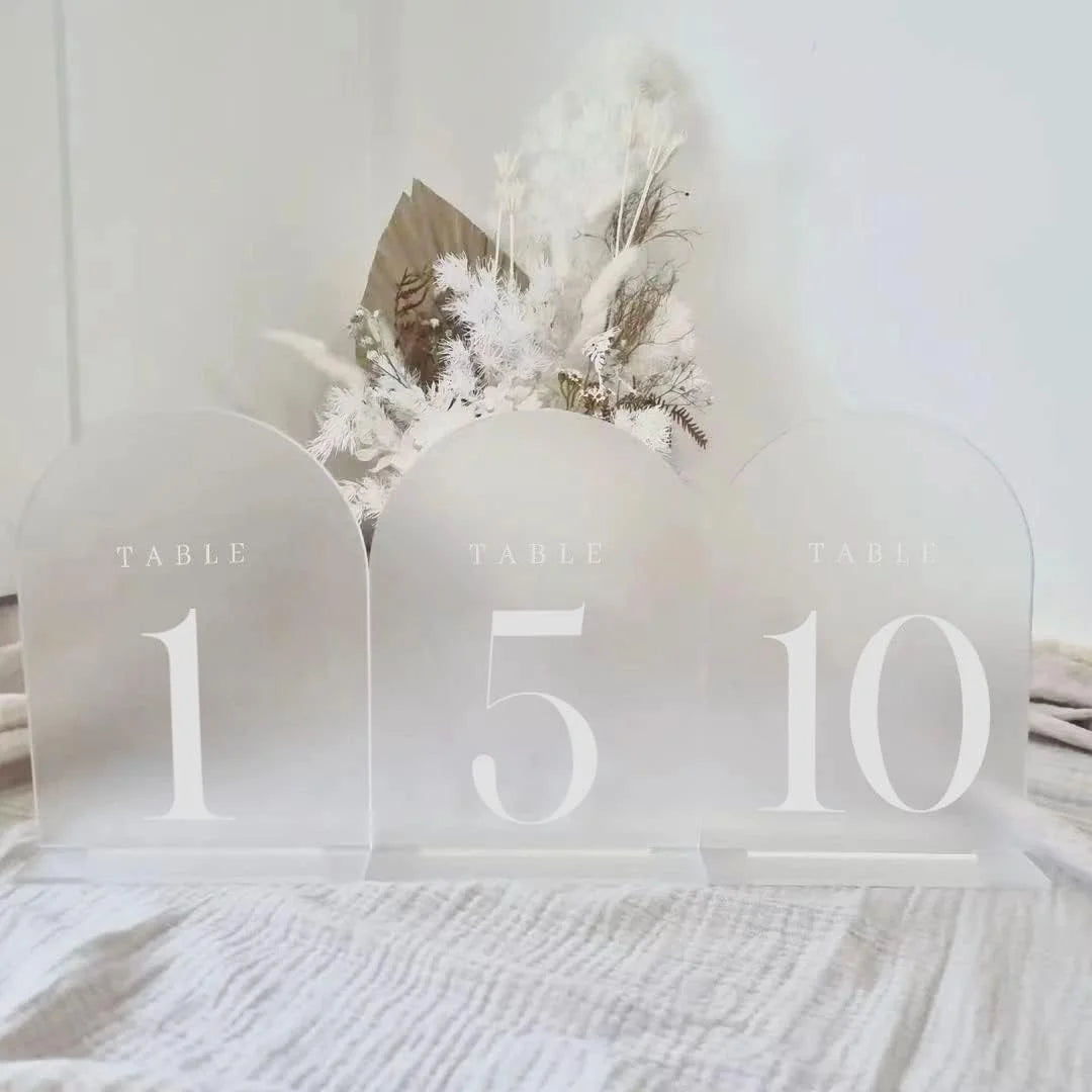 Frosted Arch Table Numbers 1-5 with Stands, 5 Pack Frosted Arch Acrylic Table Numbers and Base, Perfect for Wedding Party Event