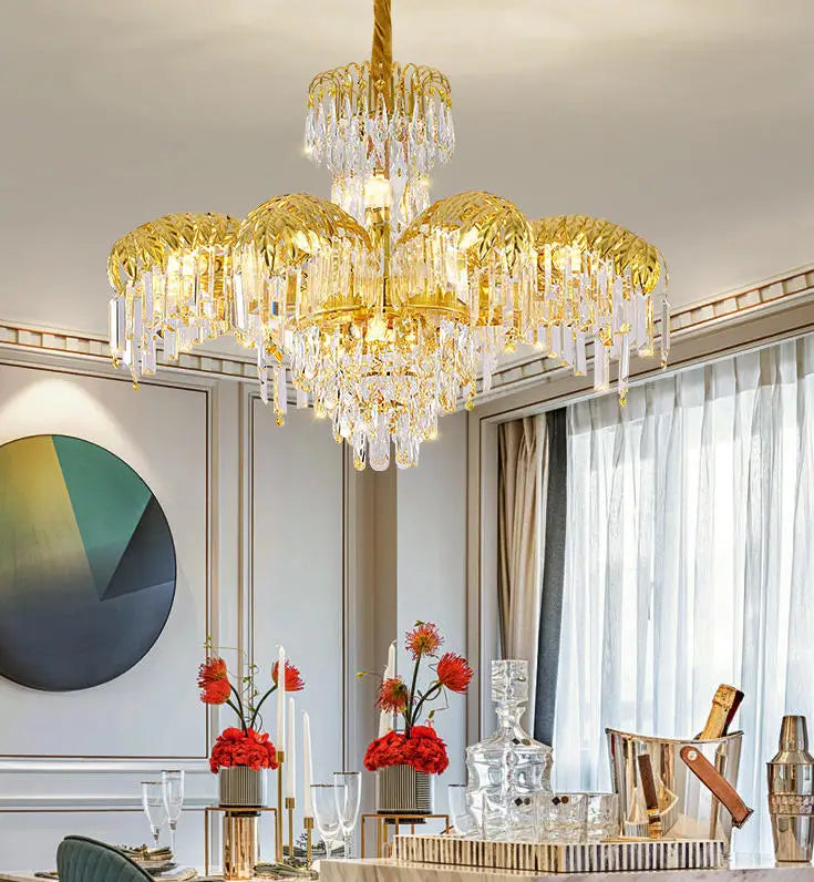 Large Classical 2 Layers Palm Tree Brass and Crystal Chandelier for Hotel