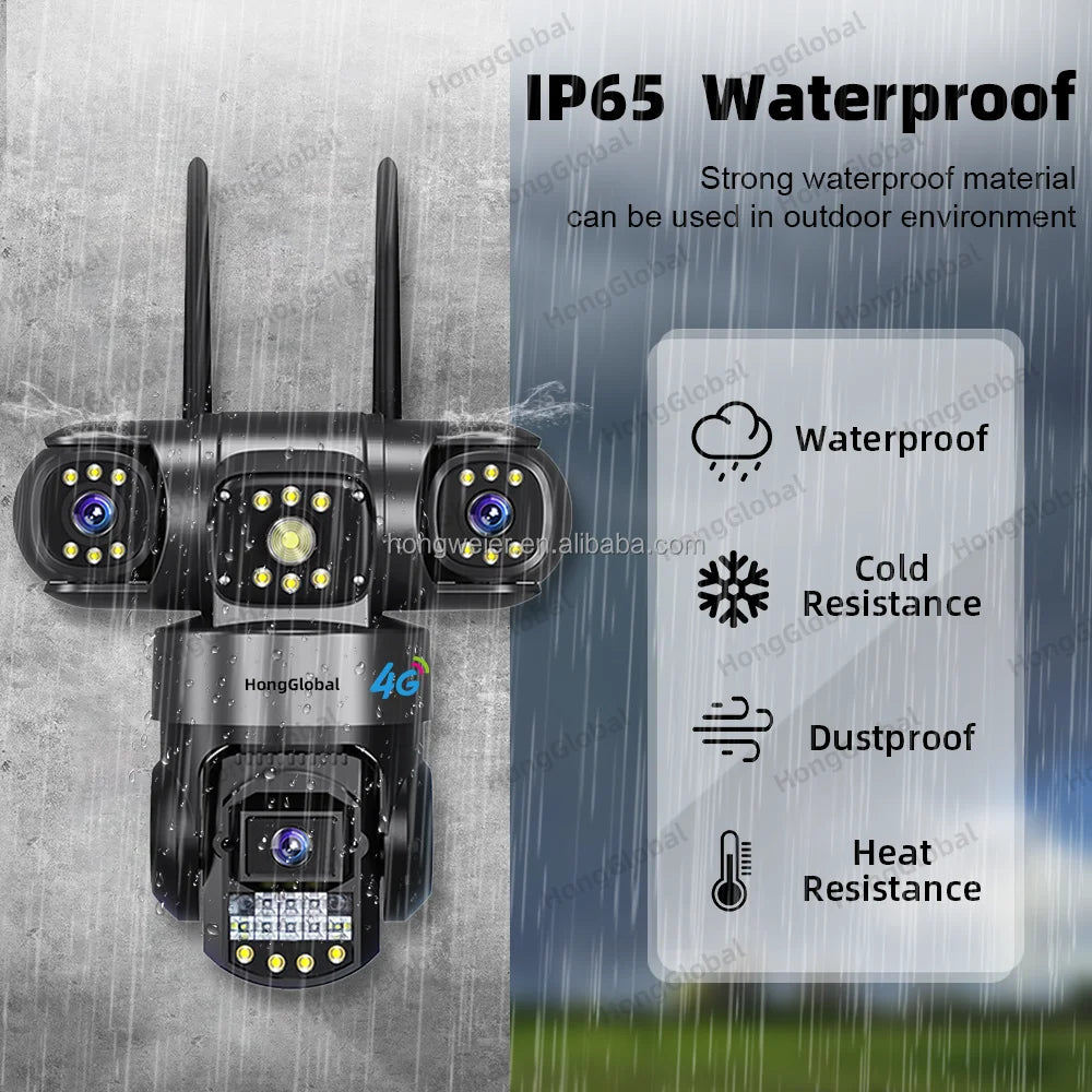 HongGlobal 6MP Wireless Surveil 4G LTE CCTV PTZ Smart Security Camera V380 Pro Three Lenses 4G Sim Card Outdoor Network Camera