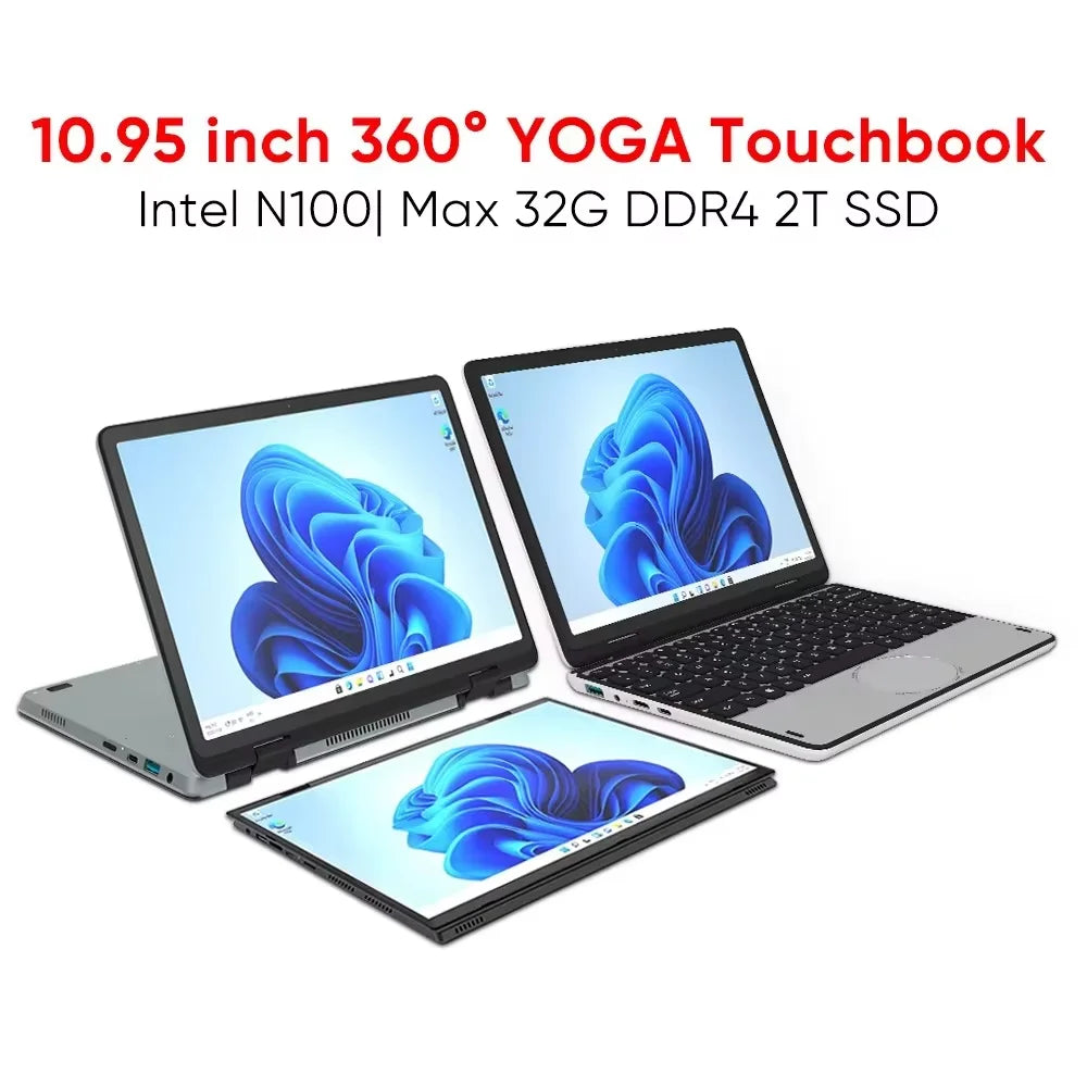Hot Sale 11 Inch Yoga Touch Screen Cheap Laptop Intel N100 Max DDR4 32GB RAM 2TB SSD Network Computer Personal & Home Use