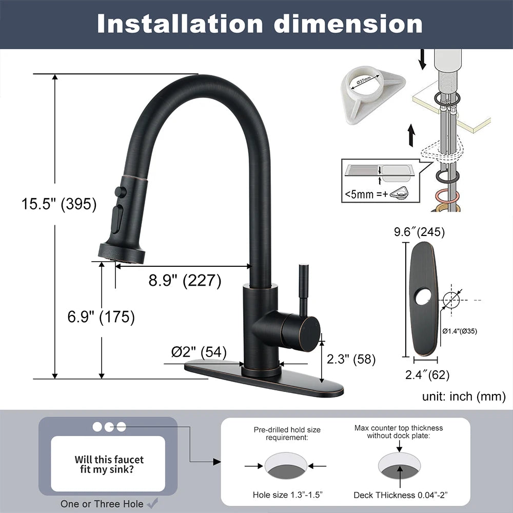 Oil Rubbed Bronze Faucet Kitchen Stainless Steel, for Farmhouse,RV,Laundry,Bar 1 or 3 Hole Sinks,Single Handle Faucet Kitchen