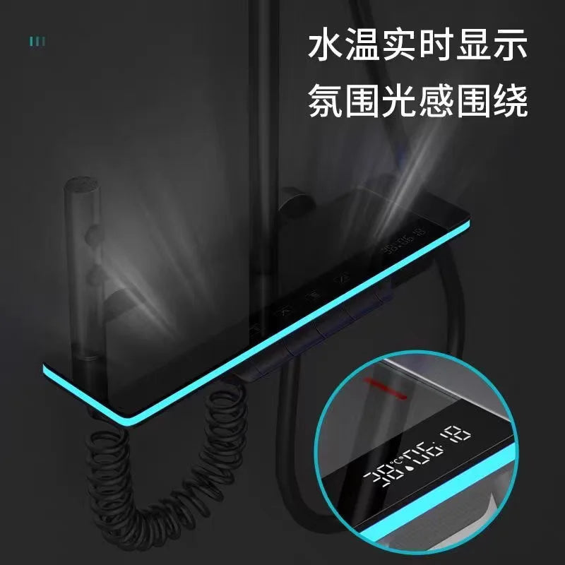 Intelligent LED Display Thermostatic Shower Set Black Piano Keys Bath Faucet System Soft Rainfall Ceramic Jet Massage Apartment