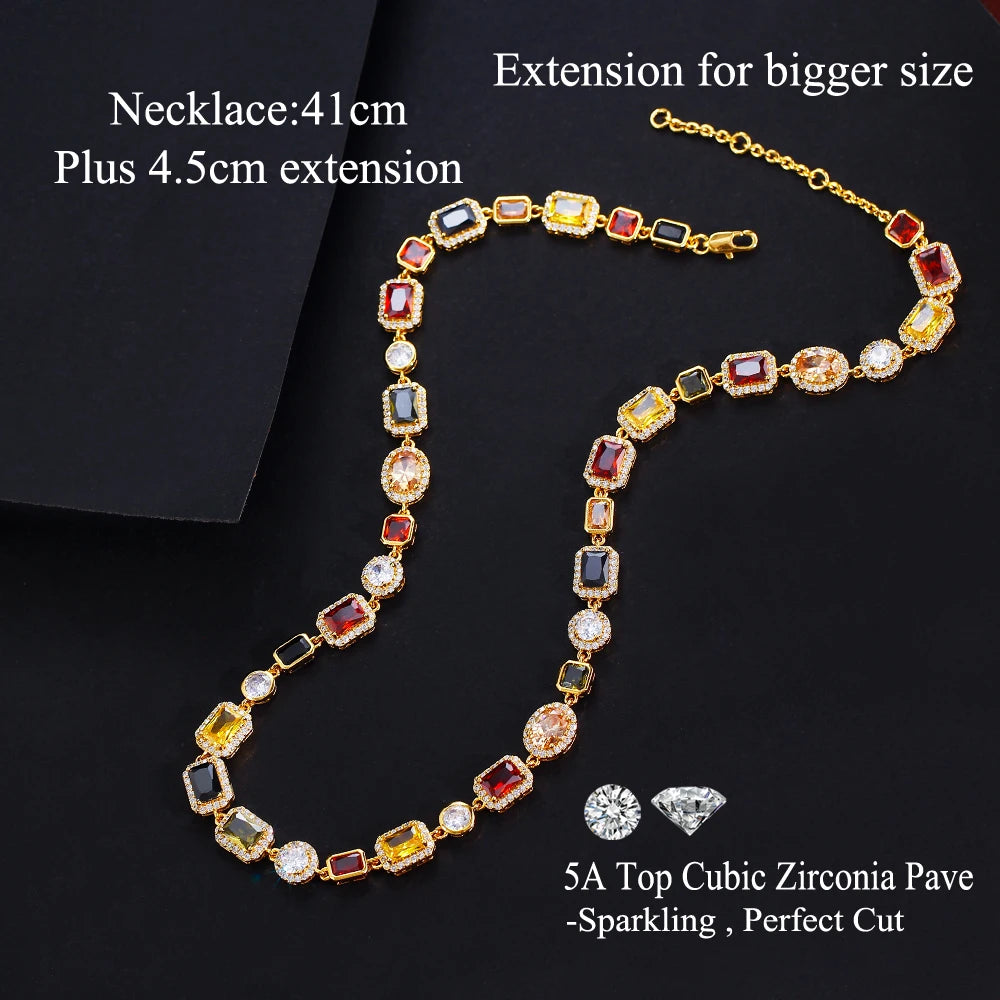 Sparkly Multi Color Zircon Choker Chain Real 18K Gold Plated Brass Jewelry 10MM Colorful CZ Zirconia Necklace for Women Men