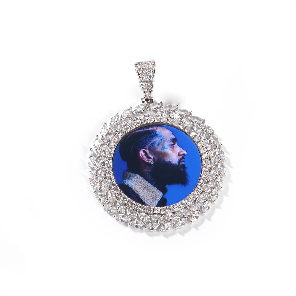 Bling CZ Custom Circle Sublimation Photo Pendant Hip Hop Picture Pendant Necklace With Tennis Chain Rope Chain