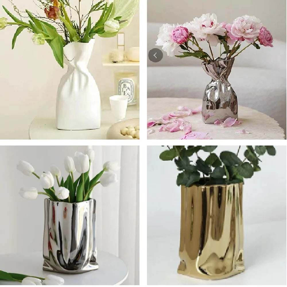 Silver Plated White Ceramic Vase for Interior Design Customized for Hotels and Modern Home Nordic Style Factory Wholesale