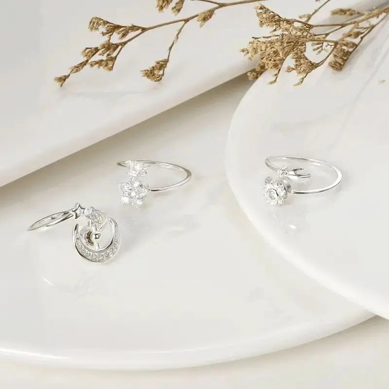 Adjustable Anxiety Fidget Spinner Rings S925 Sterling Silver Fine Jewelry Flower Open Rings for Women