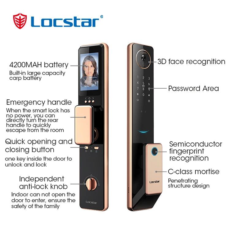 Locstar 3D Face Palm Vein Recognition Smart Fingerprint Digital Biometric Safe Tuya Wifi Door Lock With Camer and Doorbell