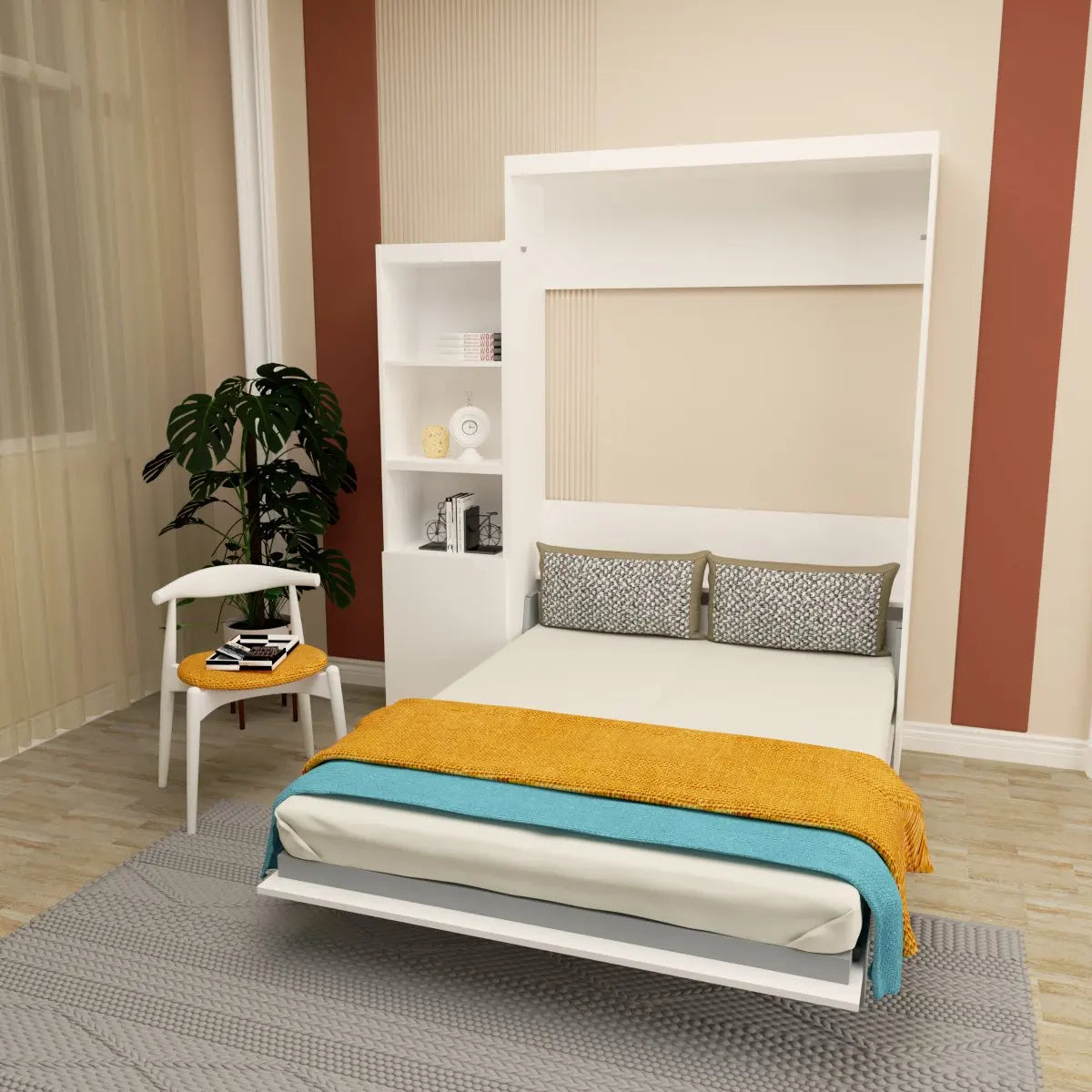 US in Stock Queen Size Modern Design Wood Frame Foldable Shelf Drawers Bedroom Guestroom White Wall Bed Space Saving Hidden Bed