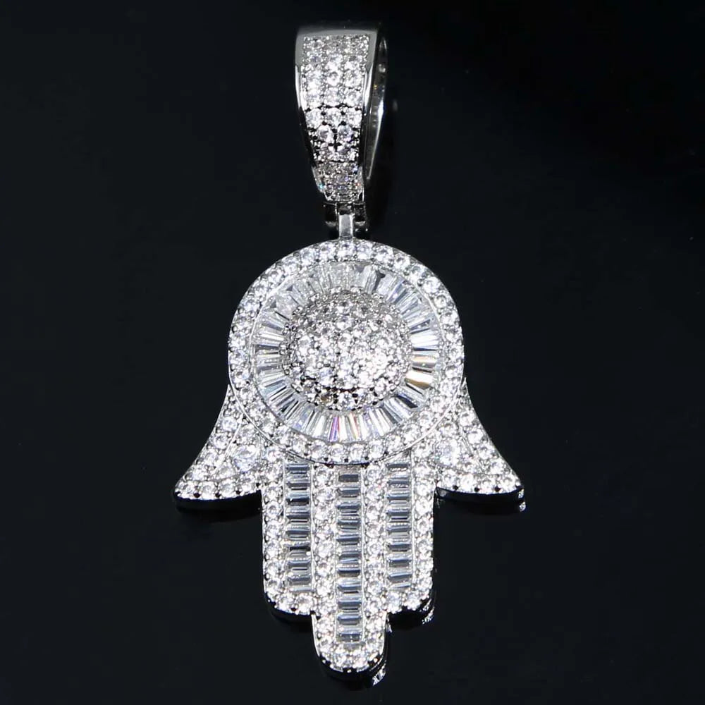 Hamsa Hand Pendant Collection Micro Pave 5a Cz Hip Hop Men Bling Lucky Turkish Jewelry Necklace