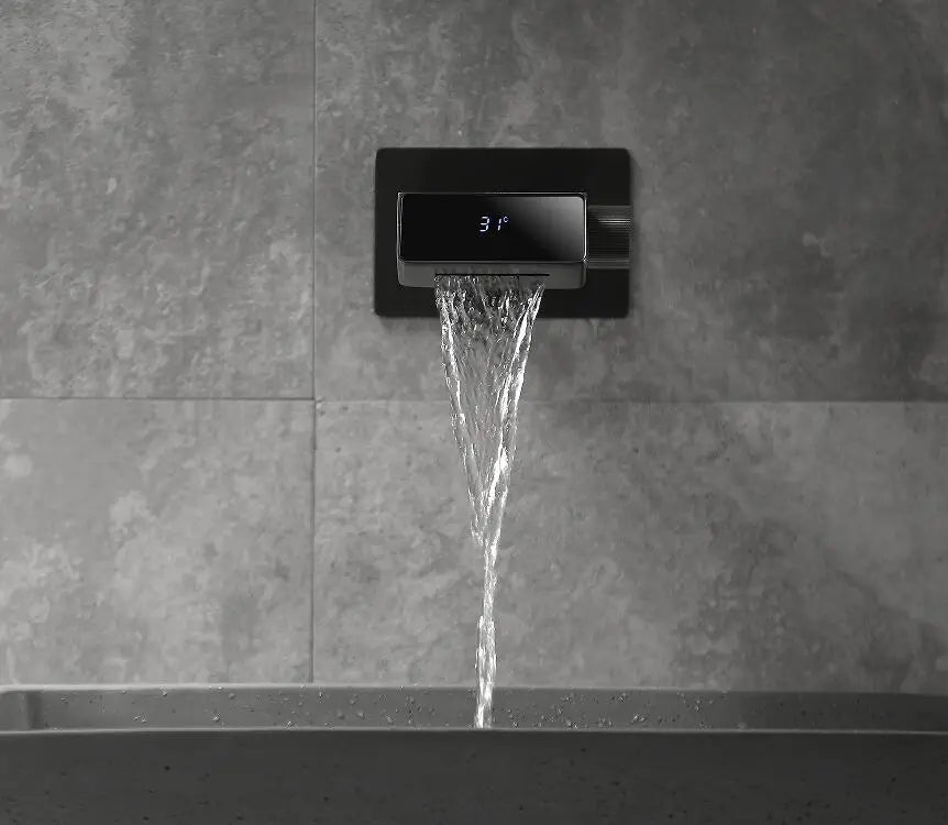 New Trend Wall Mounted Gun Gray Waterfall Lavatory Sink Smart Faucet Mixer Tap with Digital Temperature Display