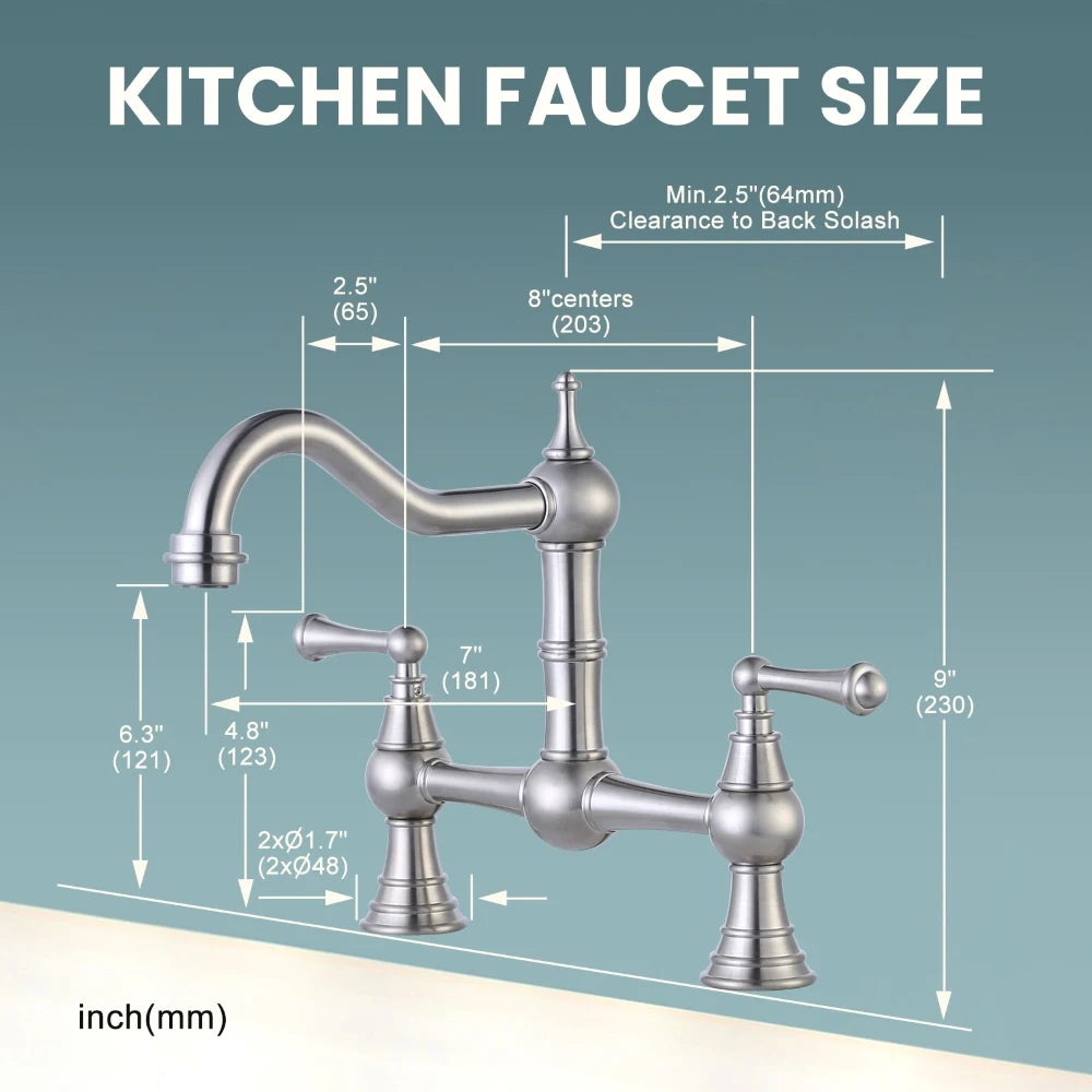2 Holes Bridge Kitchen Faucet, Solid Brass Kitchen Sink Faucet Centerset Deck Mount Kitchen Faucet for Sink, RV, Laundry, Bar
