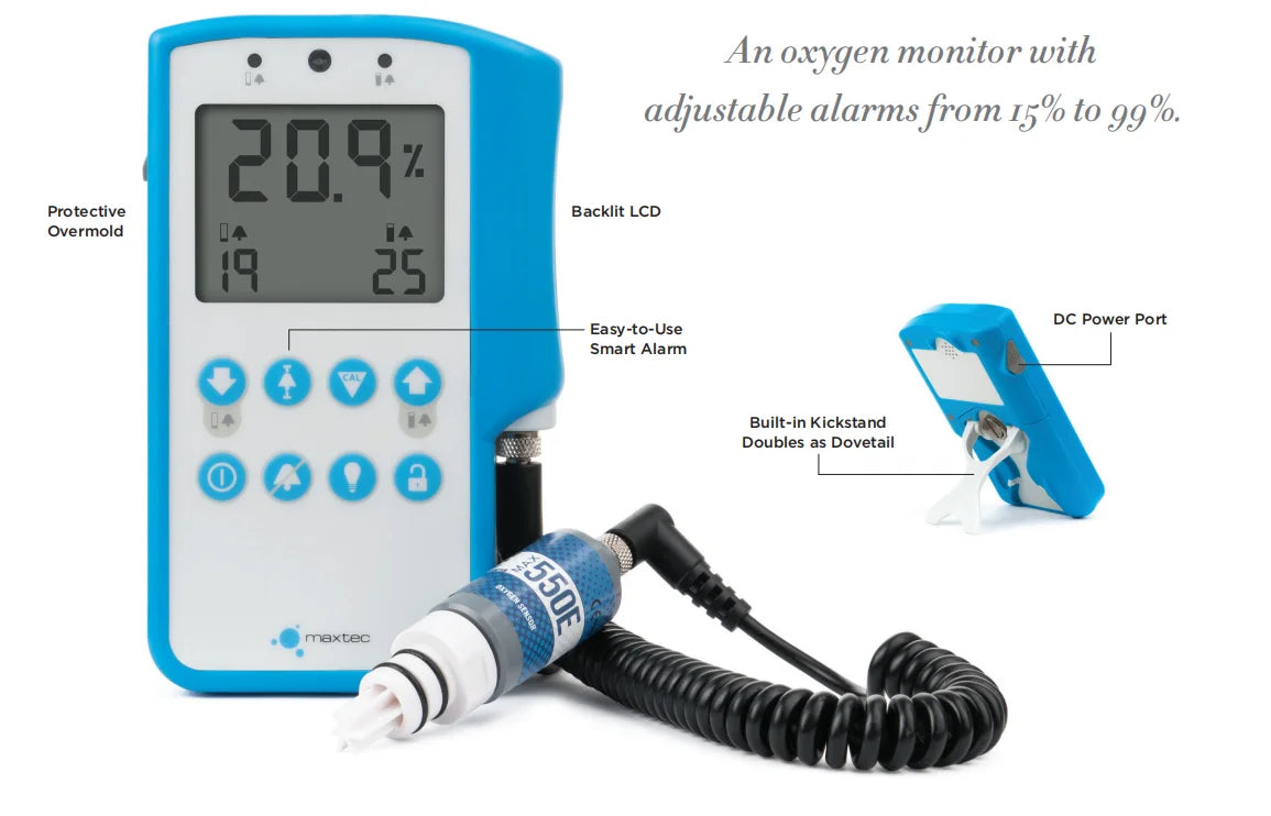 Oxygen Analyzer O2 Gas Detector with Smart Alarms Oxygen Monitor Electronic MAXTEC MaxO2 ME 5,000 Hours Battery Life 10ft Cable