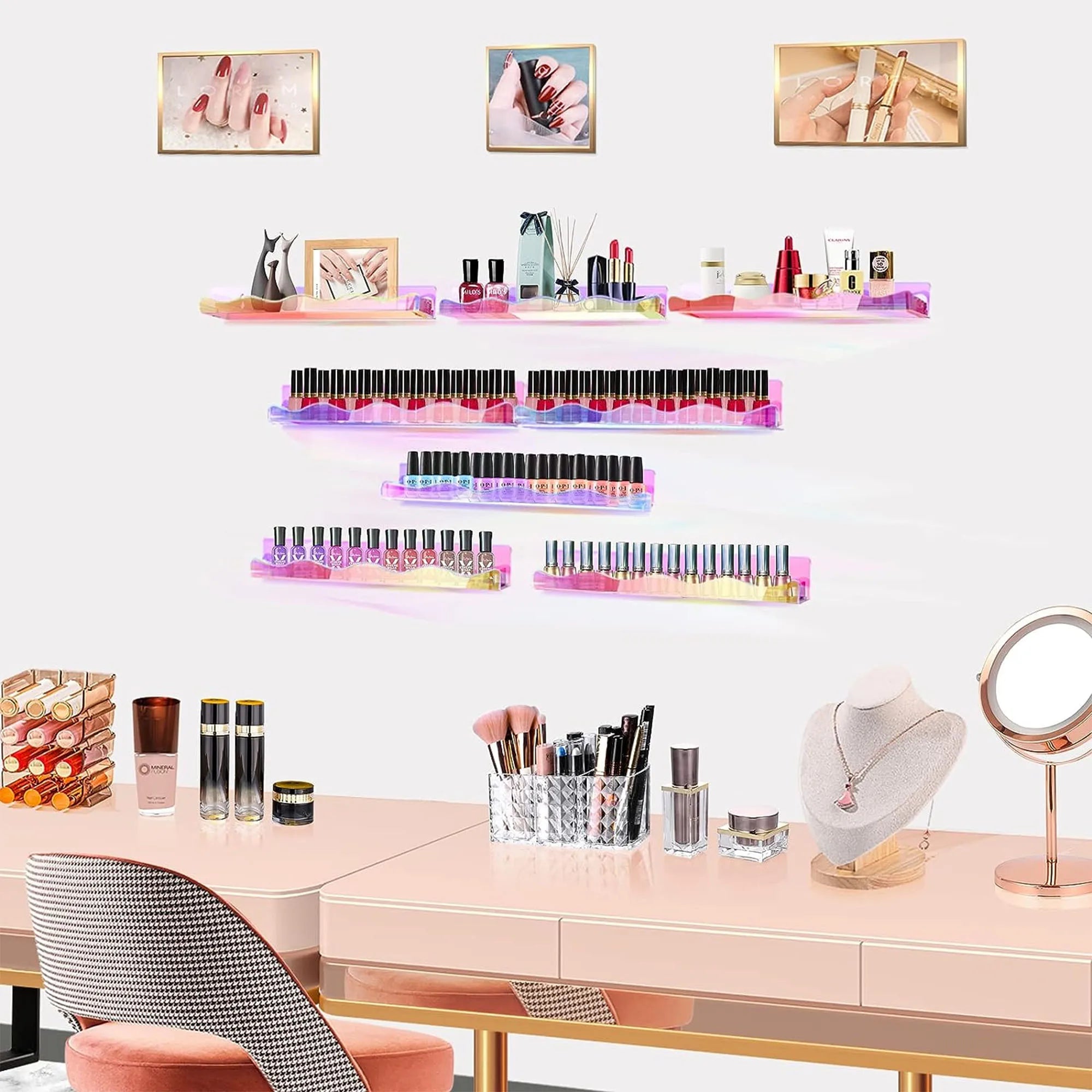 2pcs Acrylic Nail Polish Organizer Wall Mounted Transparent Polish Display Stands Holders Nail Tech Organizers and Storage Rack