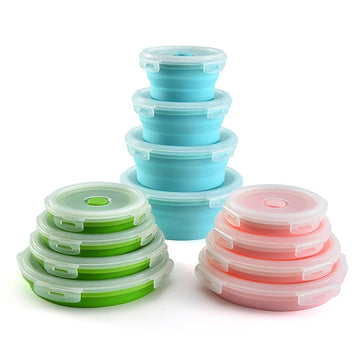 BPA Free Collapsible Silicone Folding Lunch Box with Plastic Lid for Food Storage in Kitchen
