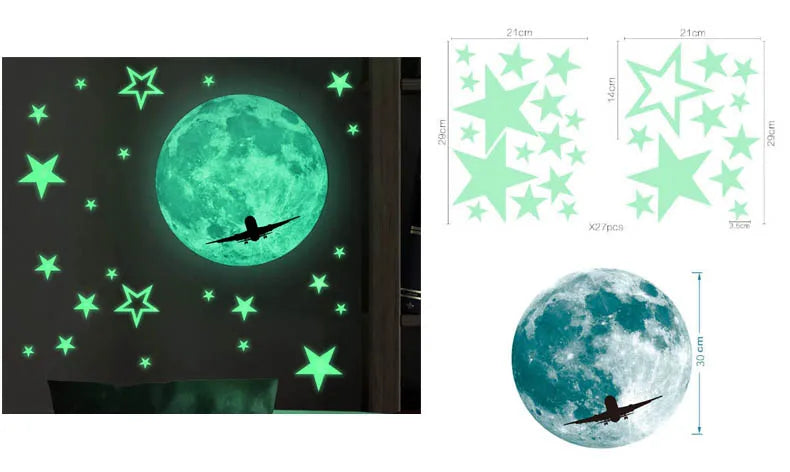 High Bright Glow in the Dark Luminous 30cm Large Round Moon DIY Living Room Self Adhesive Wall Decor Adhesive Decal Sticker