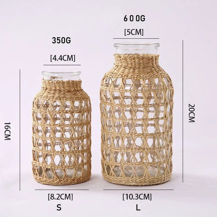 Home Decoration American Style Rustic Clear Woven Linen Woven Vase Glass for Garden Lass Rattan Vase