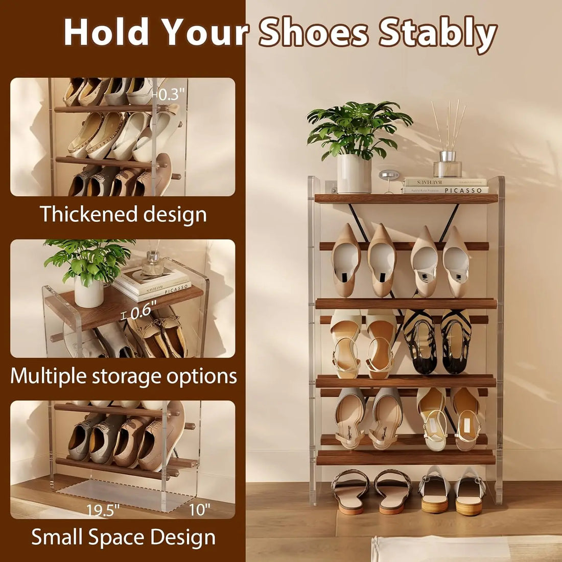 Free Standing Solid Wood 4-Tier Slanted Shoe Rack for Small Spaces Entryway & Front Door Garage Modern Design Style
