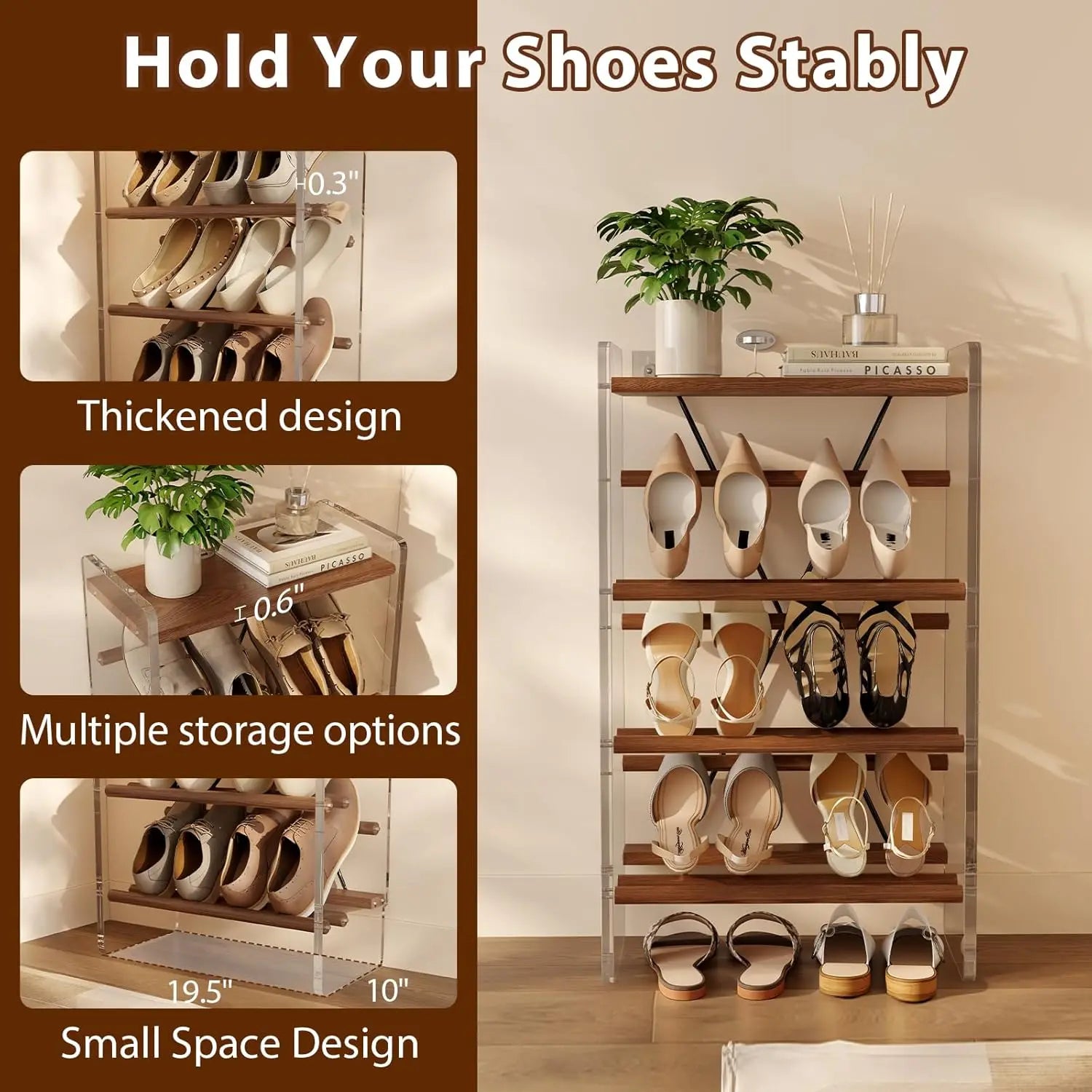 Free Standing Solid Wood 4-Tier Slanted Shoe Rack for Small Spaces Entryway & Front Door Garage Modern Design Style