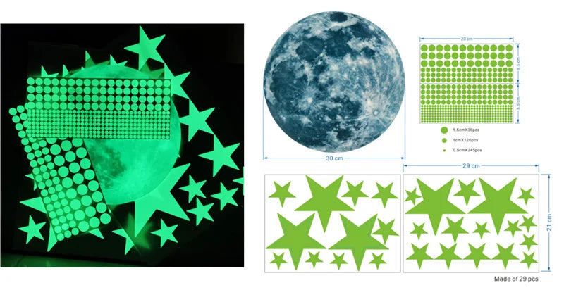 High Bright Glow in the Dark Luminous 30cm Large Round Moon DIY Living Room Self Adhesive Wall Decor Adhesive Decal Sticker