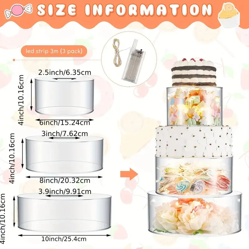 Modern 3pcs Clear Acrylic Cake Stands Fillable Floating Tiered Display Cylinder Base No Assembly Needed Easy-Clean Decor Cake