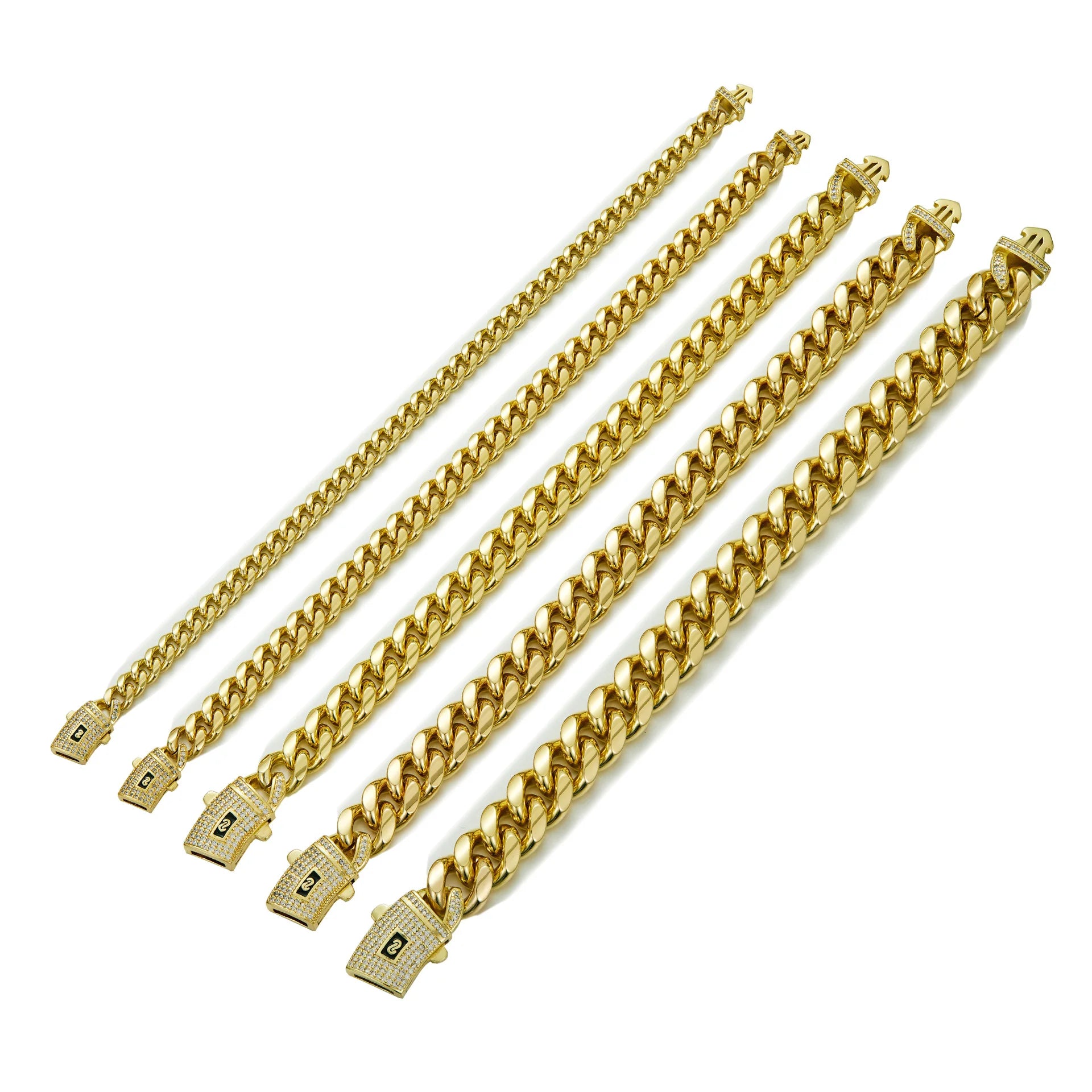 Wholesale 14K 18K Gold PVD Stainless Steel Cuban Link Necklace Men 6mm-10mm Miami Curb Spring Clasp Zircon Pearl Main Stone Gold