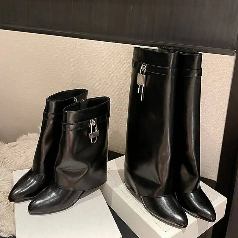 Short/Long Wedge Botas Femininas Salto Women Shark Boots with Lock