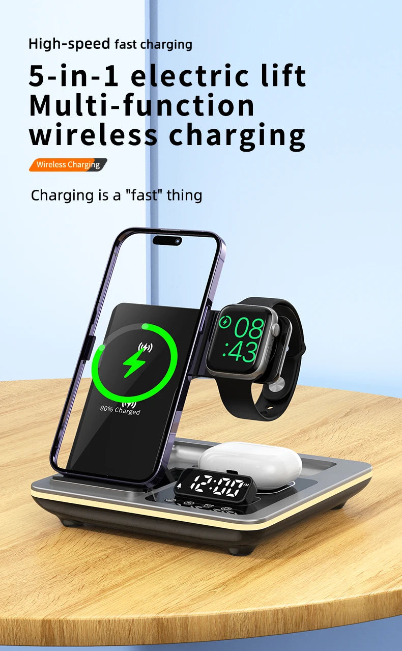 2024 New Product 5 in 1 Wireless Chargers Automatic Lifting Fast Charger Multifunctional  Alarm Clock for iphone 15 Night Light