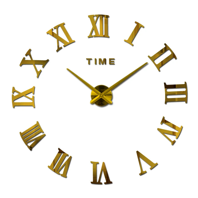 Home Decorative Large Mute Frameless 3d Diy Sticker Roman Numeral Wall Clock for Living Room