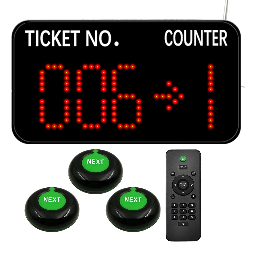 Take a Number Machine Wireless Queue Management System 3pcs NEXT Control Call Button & 1 Counter Display English Voice Broadcast