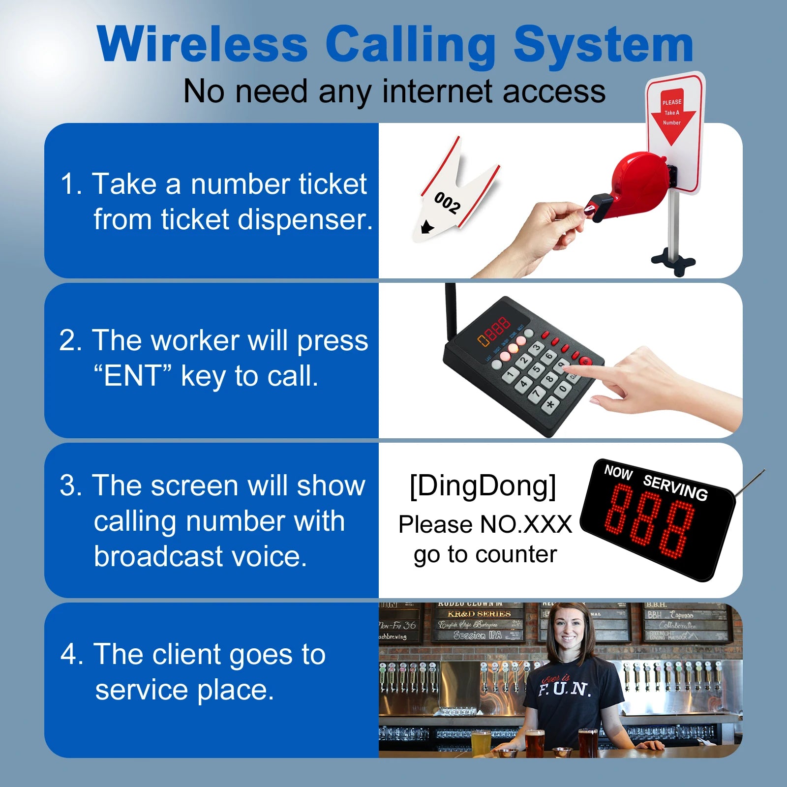 Wireless Voice Broadcast 3 Digits Show Customer Number Restaurant Hospital Bank Waiting Line Management Queue Calling System