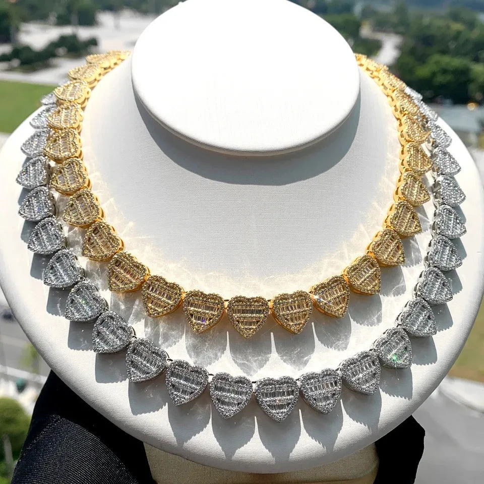 Fashion Bling Bling Baguette Stones Heart Necklace Iced Out Baguette Necklace Full CZ Brass 18K Gold Plated Gift Jewelry