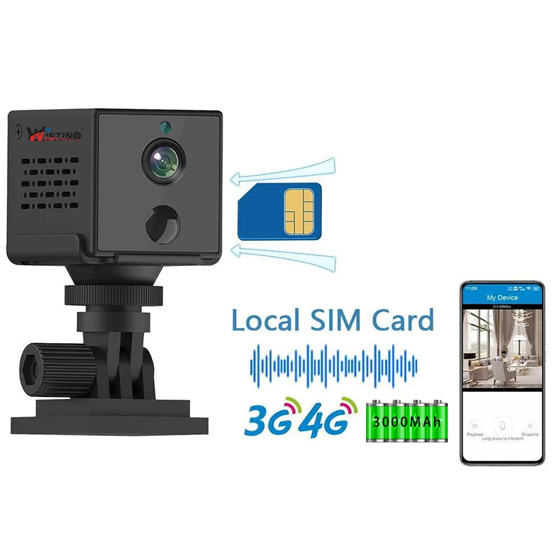 Wistino 3MP 4g SIM Card Mini Cameras Motion Detection Alarm Push Indoor Home Small Baby Monitor Camera