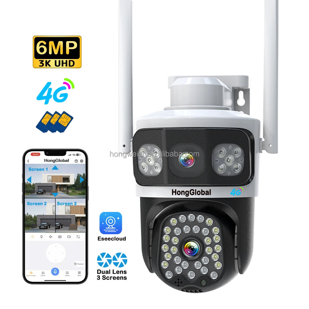 HongGlobal 6MP 3 Screen 4G LTE Surveil Home Smart Security Camera Eseecloud Dual Lens 4G Sim Card CCTV Outdoor Wireless Camera