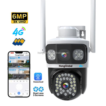 HongGlobal 6MP 3 Screen 4G LTE Surveil Home Smart Security Camera Eseecloud Dual Lens 4G Sim Card CCTV Outdoor Wireless Camera