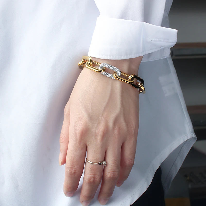 Stainless Steel Crystal Link Chain Bracelets for Women Men Exaggerated Gold Color Thick Big Bracelets Bangle Geometric Links