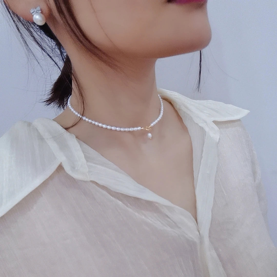 Wholesale 14K Gold-Filled 3A 4-5mm Small White Freshwater Pearl Beaded Necklaces Classic Link Chain Unisex Perfect Gift