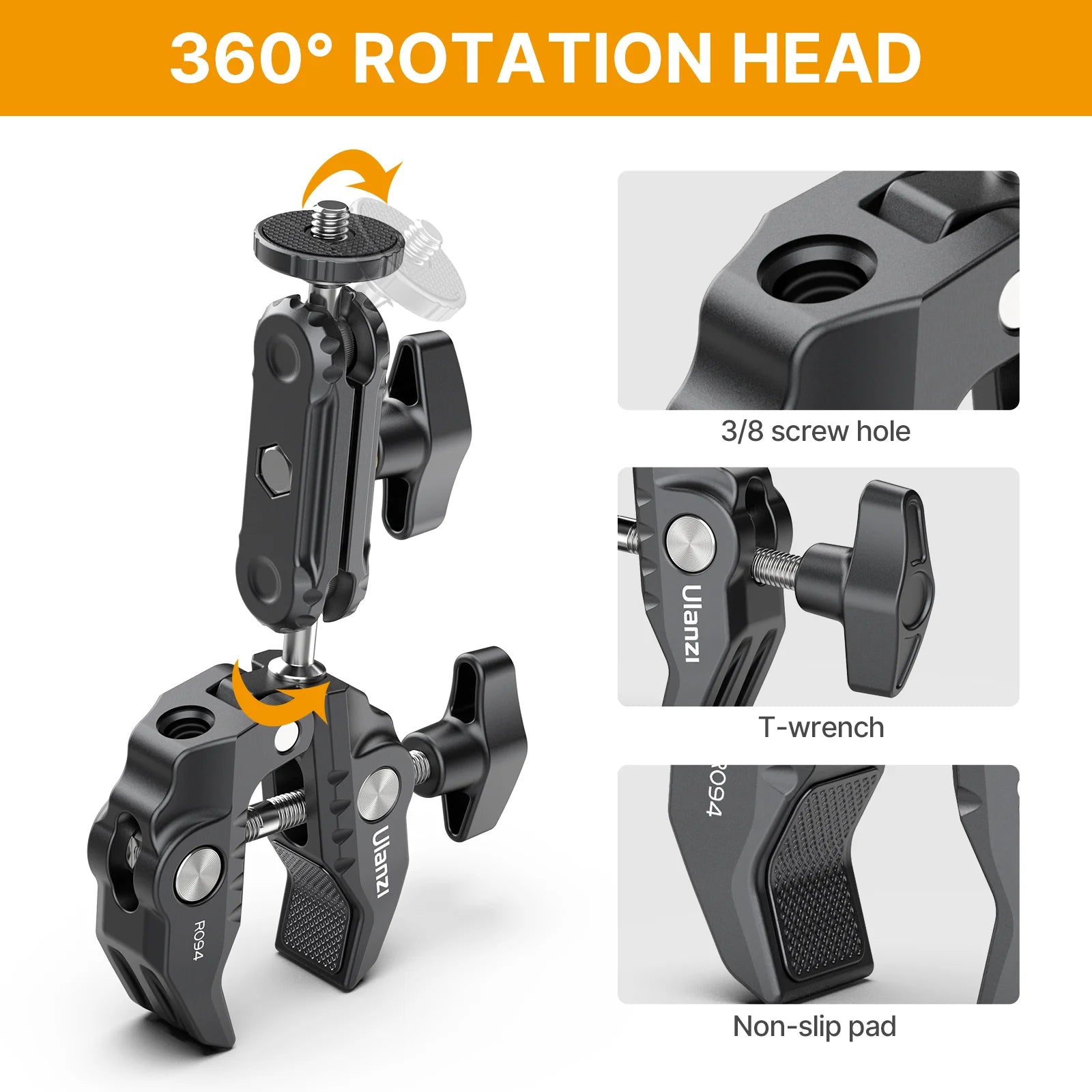 Ulanzi R094 Double Ball Head Magic Arm 1/4'' 3/8'' Aluminum Super Clamp Mounts 60mm for Camera Video LED Light Mic