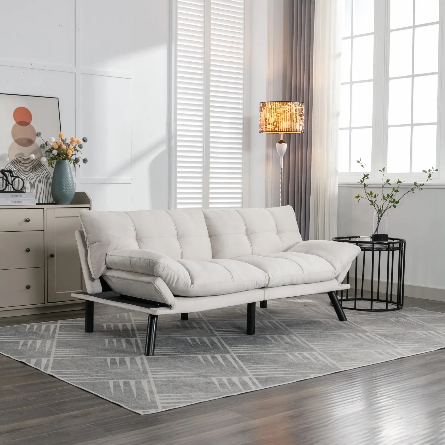 Convertible Folding Sofa Bed 2 Seater Modern Upholstered Sleeper Adjustable Armrests Backrest Space Saving Twin Sofa Apartment