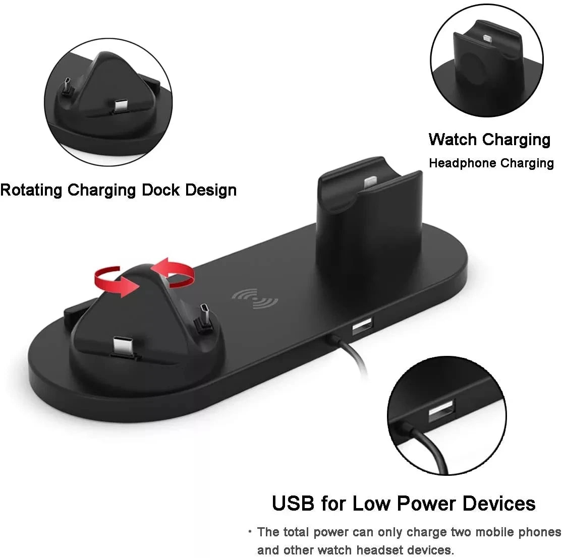 Tabletop 15W Fast Charging 6 in 1 Rotate Holder Universal Wireless Chargers 3 in 1 Dock for iPhone 15 14 13 12 Wireless Charging