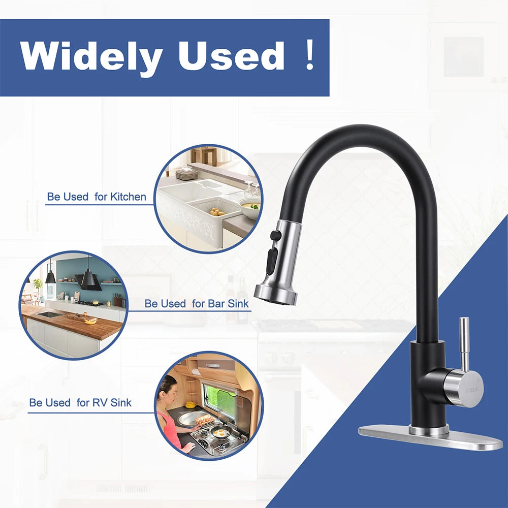 Single Level Stainless Steel Kitchen Sink Faucet with Pull Out Sprayer,for Laundry Rv Bar,Nickel Black Kitchen Mixer Tap
