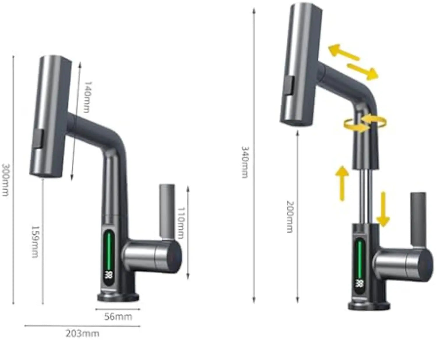 Synchro Modern Bathroom Sink Faucet with LED Temperature Display, 360° Rotation, Waterfall Spout & Pull-Out Sprayer (Hot/Cold)