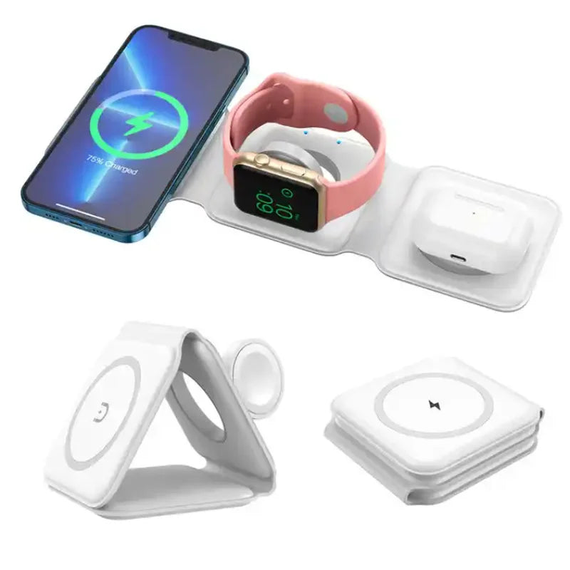Hot Selling 3 in 1 Foldable Magnetic Wireless Charging Station for Mobile Phone Fast Charging Desktop Charger Stand