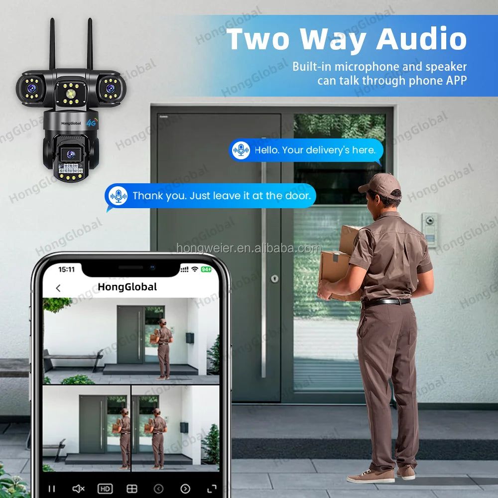 HongGlobal 6MP Wireless Surveil 4G LTE CCTV PTZ Smart Security Camera V380 Pro Three Lenses 4G Sim Card Outdoor Network Camera