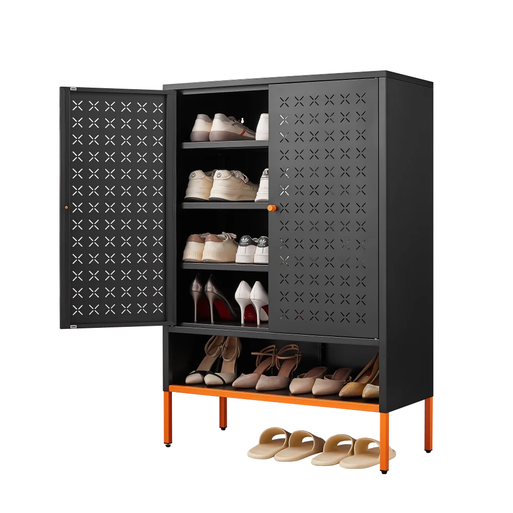 Modern Minimalist Double Door Shoe Cabinet with Adjustable Mesh Doors and High Foot Hollow Storage Cabinet Bottom