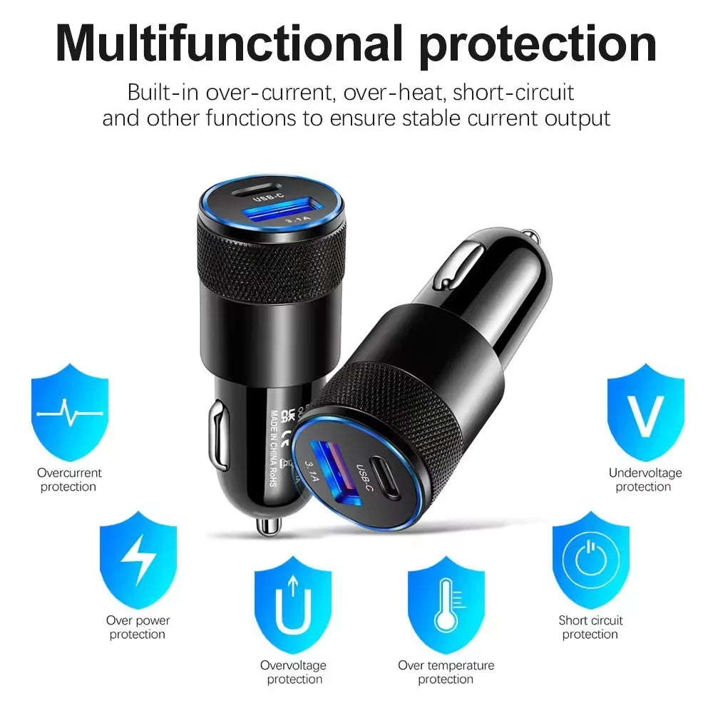 18W Mini USB Quick Car Charger 15W 3.1A Type C PD Dual Port Fast Charging Phone Car Socket Adapter